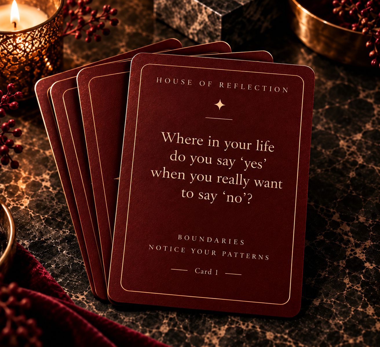 The Boundaries Deck — a deep red card reading “Where in your life do you say ‘yes’ when you really want to say ‘no’?”