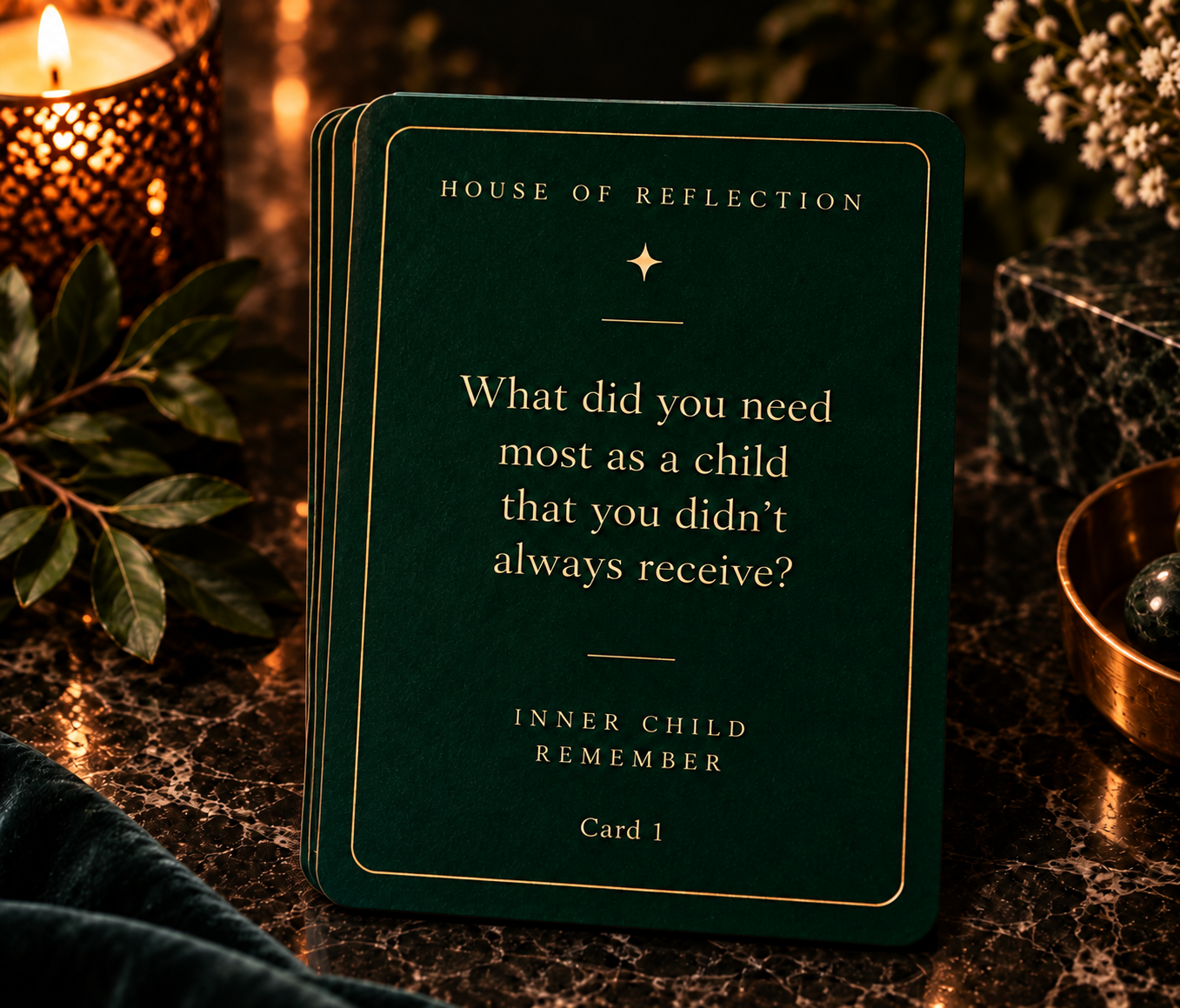The Inner Child Deck — a green card reading “What did you need most as a child that you didn’t always receive?”