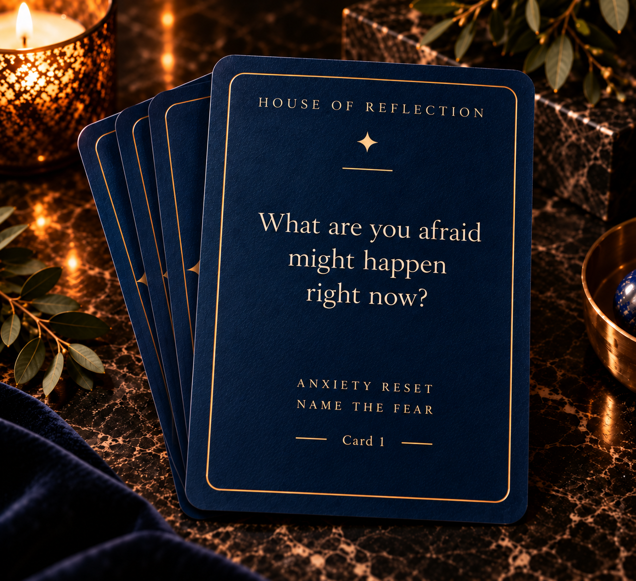 The Anxiety Reset Deck — a navy card reading “What are you afraid might happen right now?” beside a lit candle